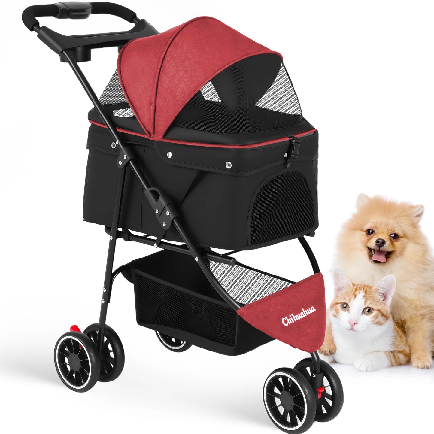 Chihuahua Portable Foldable Pet Stroller with Canopy and Storage Basket