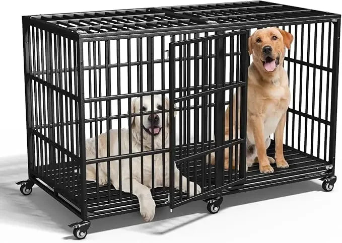 Heavy Duty Dog Crate With Lockable Wheels And Double Doors