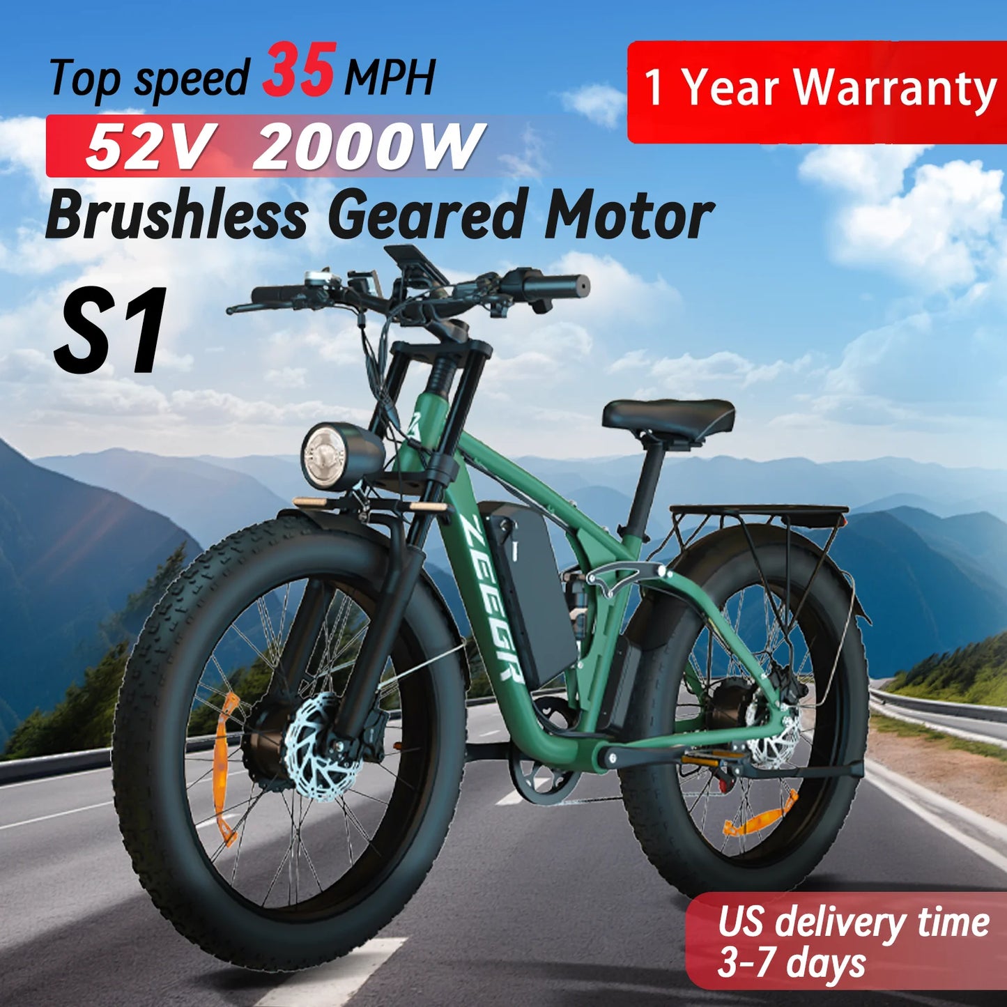 ZEEGRC S1 Electric Mountain Bike 52V Dual Motor Full Suspension