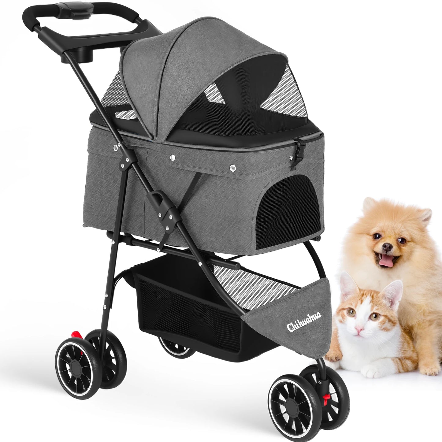 Chihuahua Portable Foldable Pet Stroller with Canopy and Storage Basket
