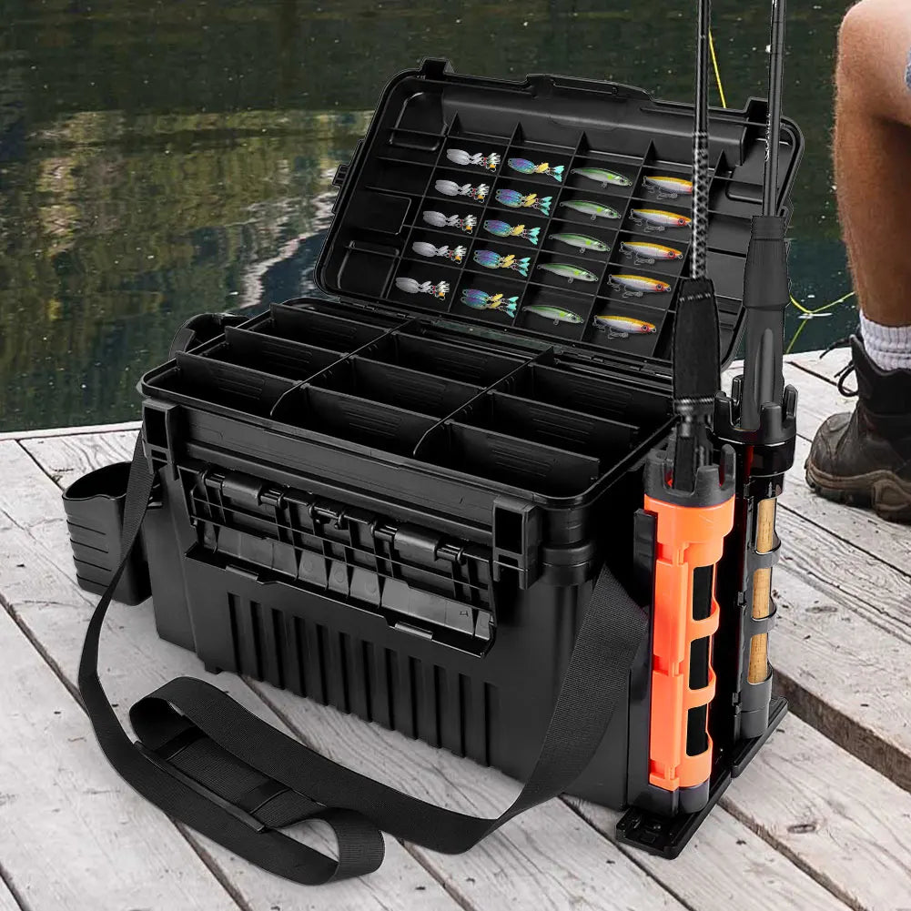 Two Tier Fishing Tackle Box With Cup and Rod Holder