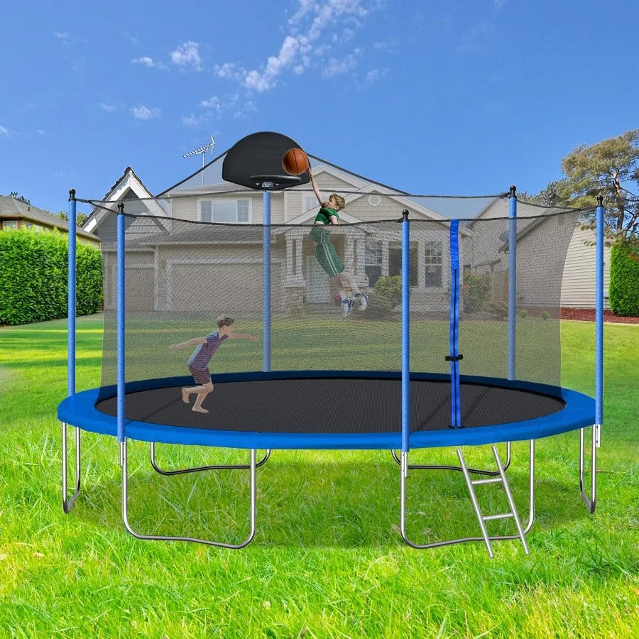 Outdoor Trampoline With Basketball Hoop And Safety Enclosure Net