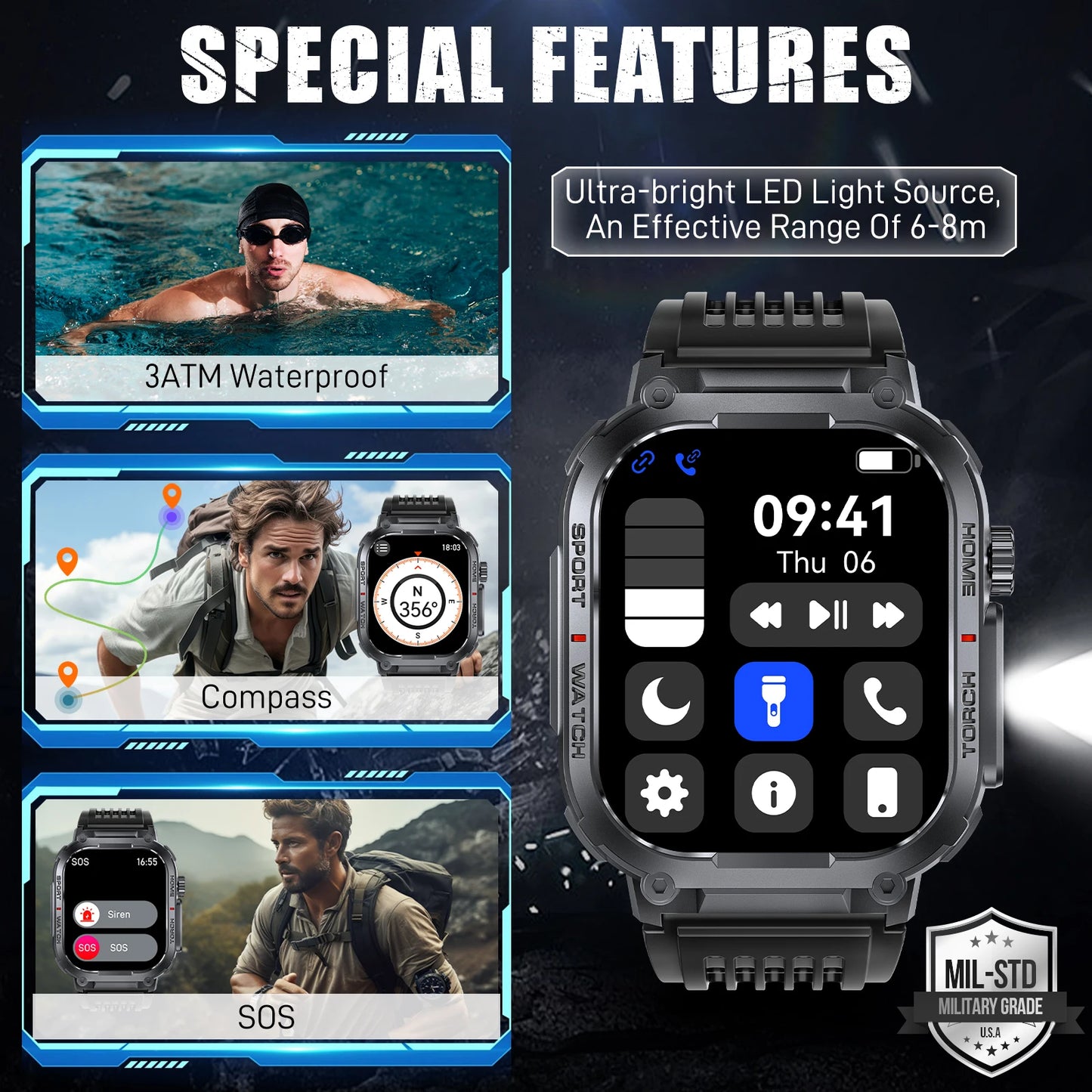 LaNikar Smart Watch Men 3ATM Waterproof Compass LED
