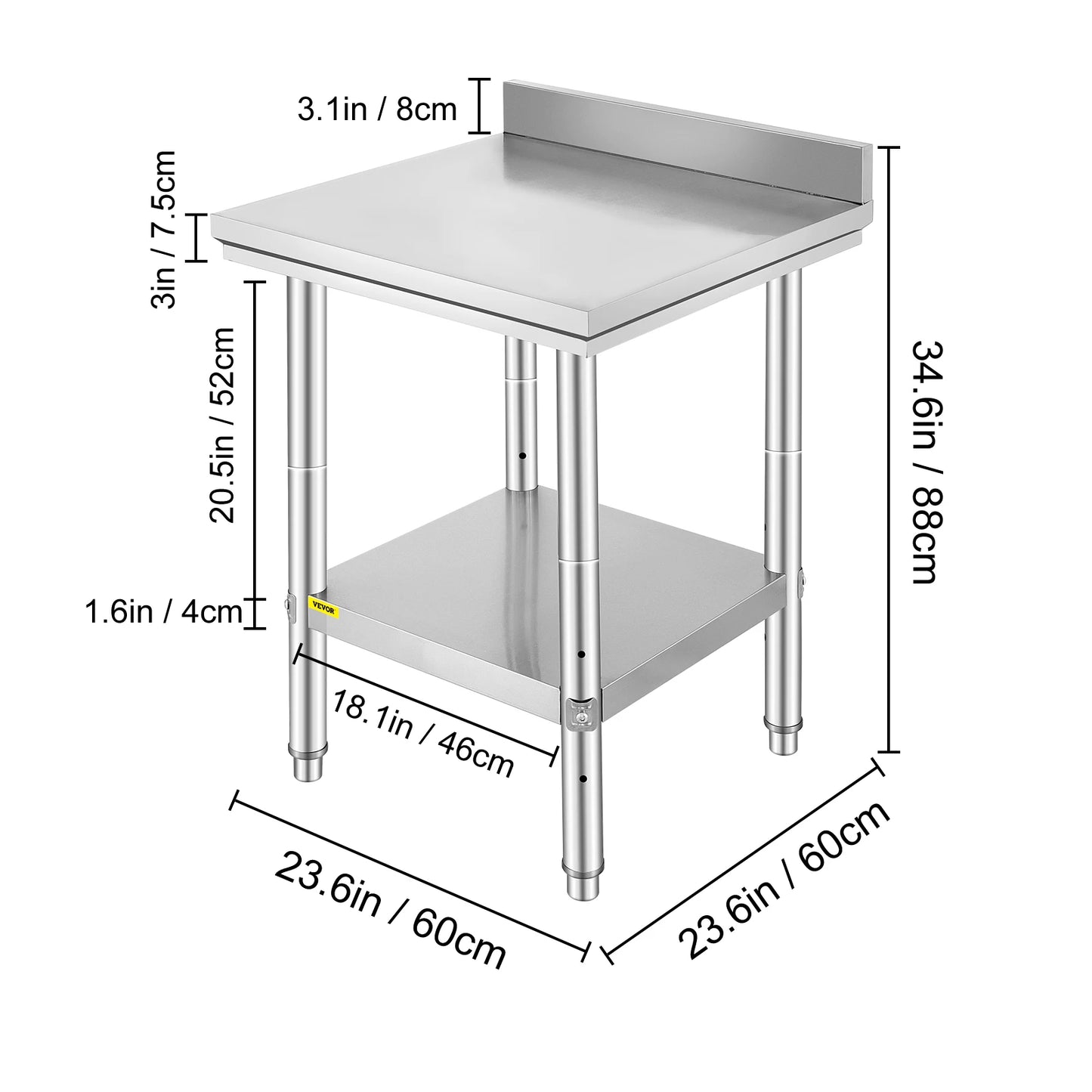 Stainless Steel Kitchen Work Bench With Undershelf 330LBS Load