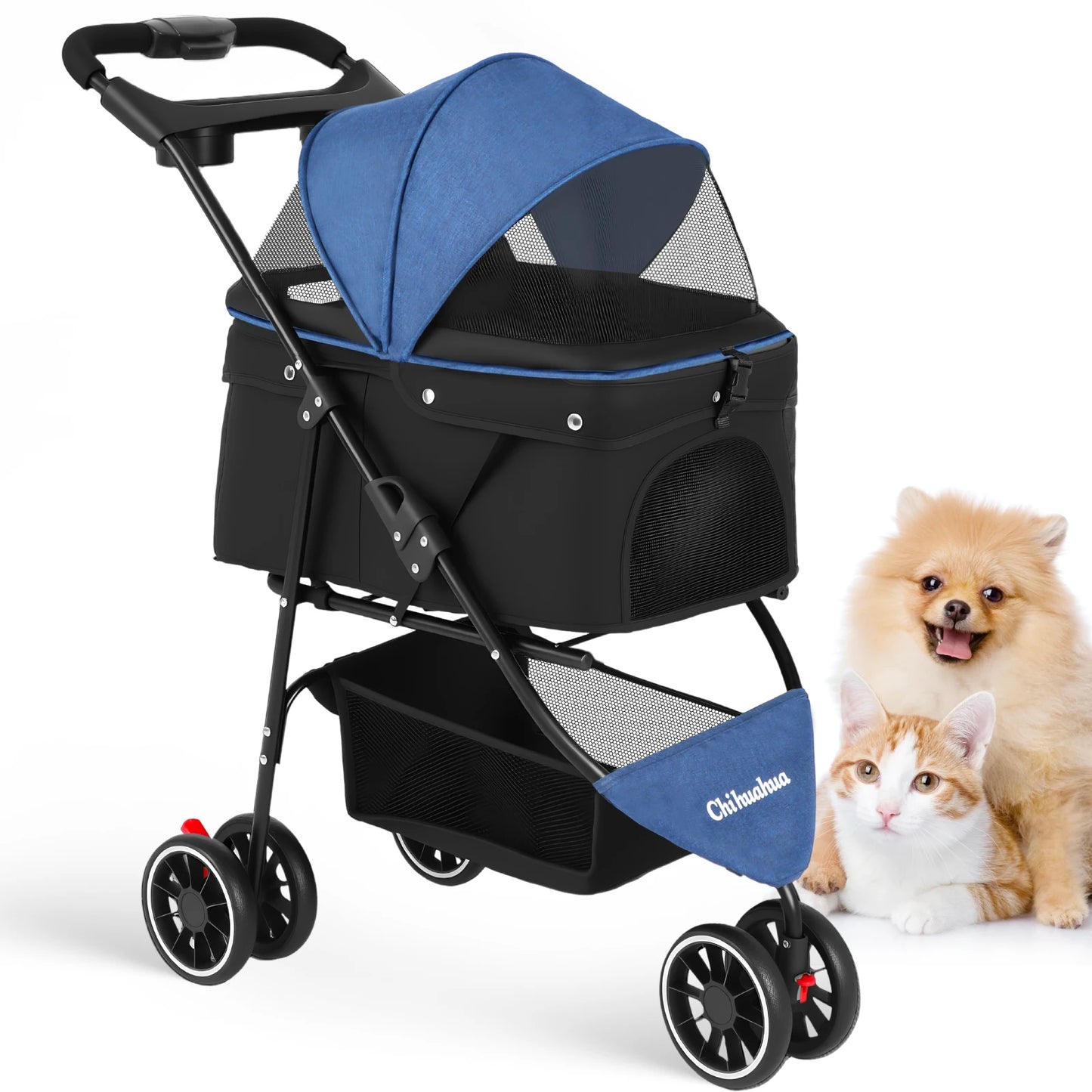 Chihuahua Portable Foldable Pet Stroller with Canopy and Storage Basket