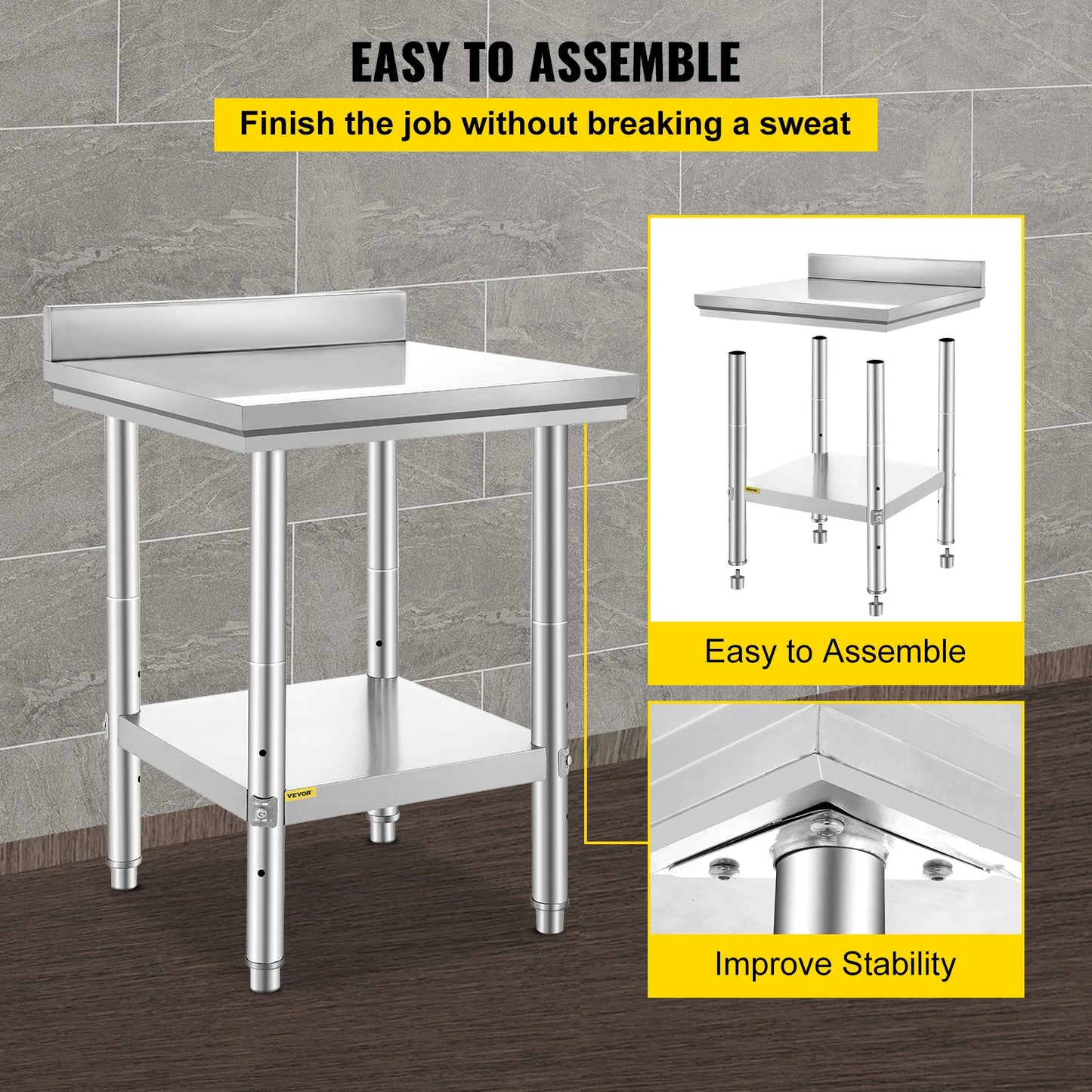 Stainless Steel Kitchen Work Bench With Undershelf 330LBS Load