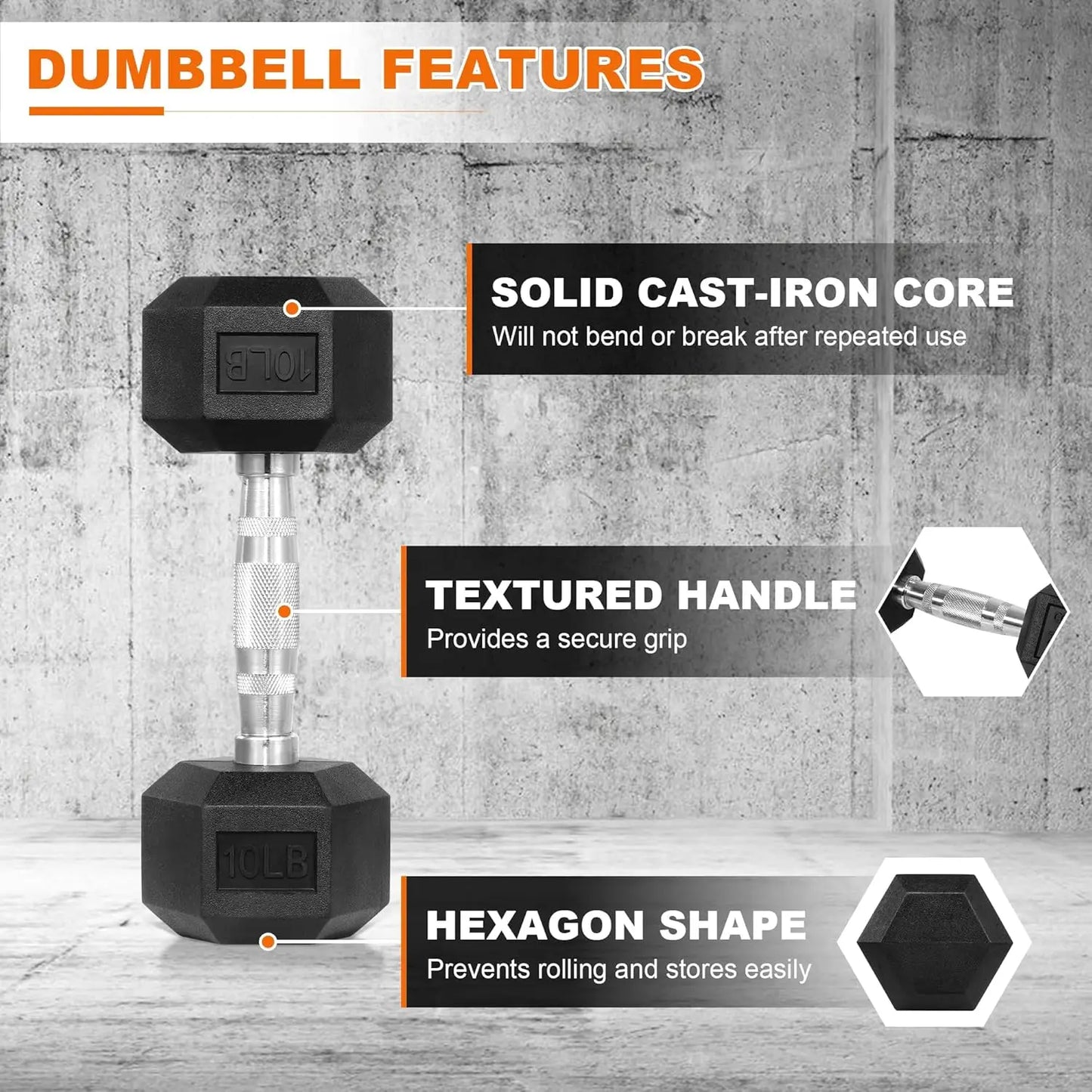 Hex Rubber Coated Dumbbells For Home Gym Exercises