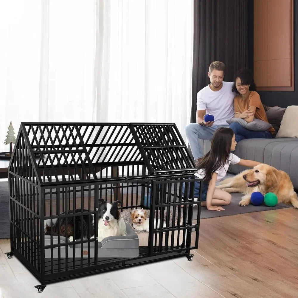 Heavy Duty Dog Crate With Lockable Wheels And Double Doors