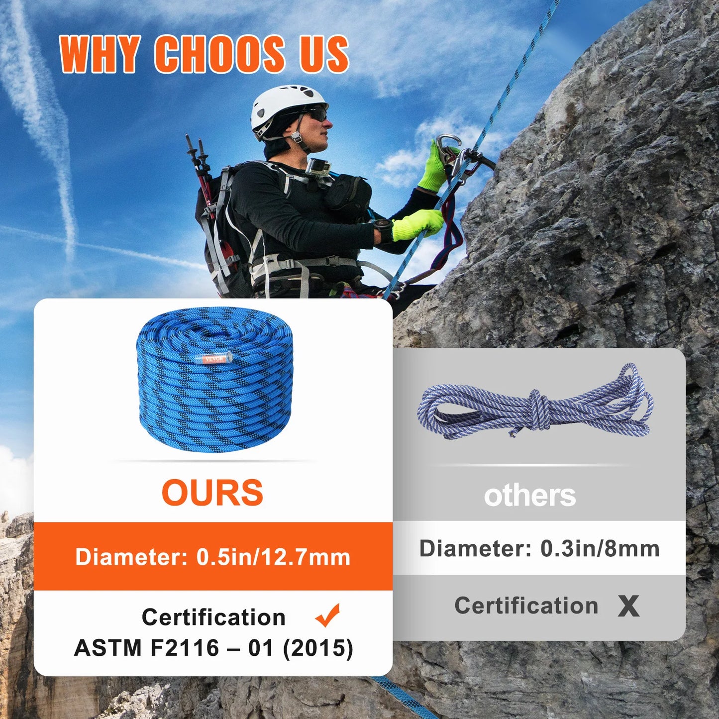 VEVOR Static Climbing Rope With 30 kN Breaking Strength