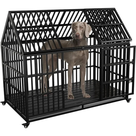 Heavy Duty Dog Crate With Lockable Wheels And Double Doors