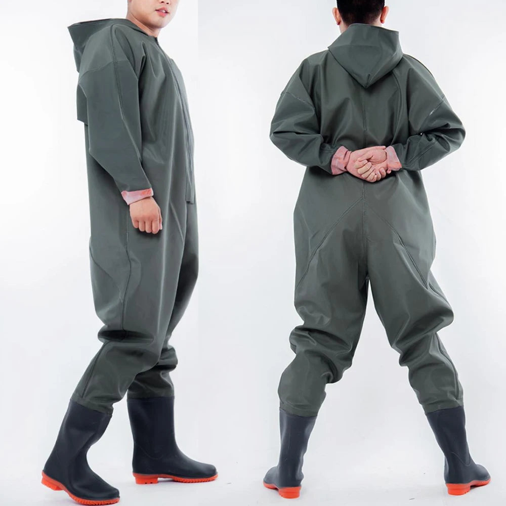 Waterproof Hooded Wader Set With Boots And Gloves For Men