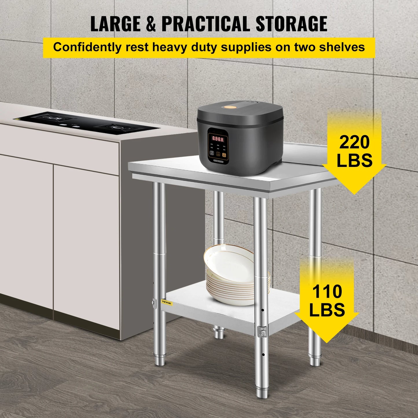Stainless Steel Kitchen Work Bench With Undershelf 330LBS Load