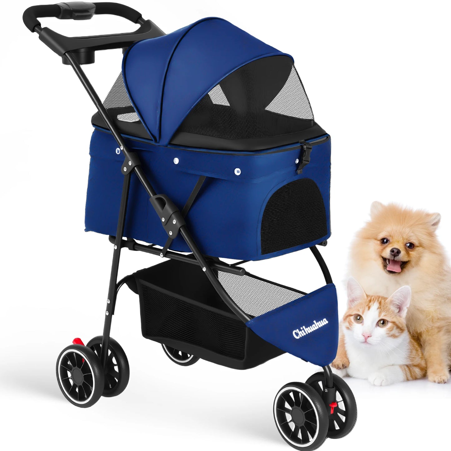 Chihuahua Portable Foldable Pet Stroller with Canopy and Storage Basket