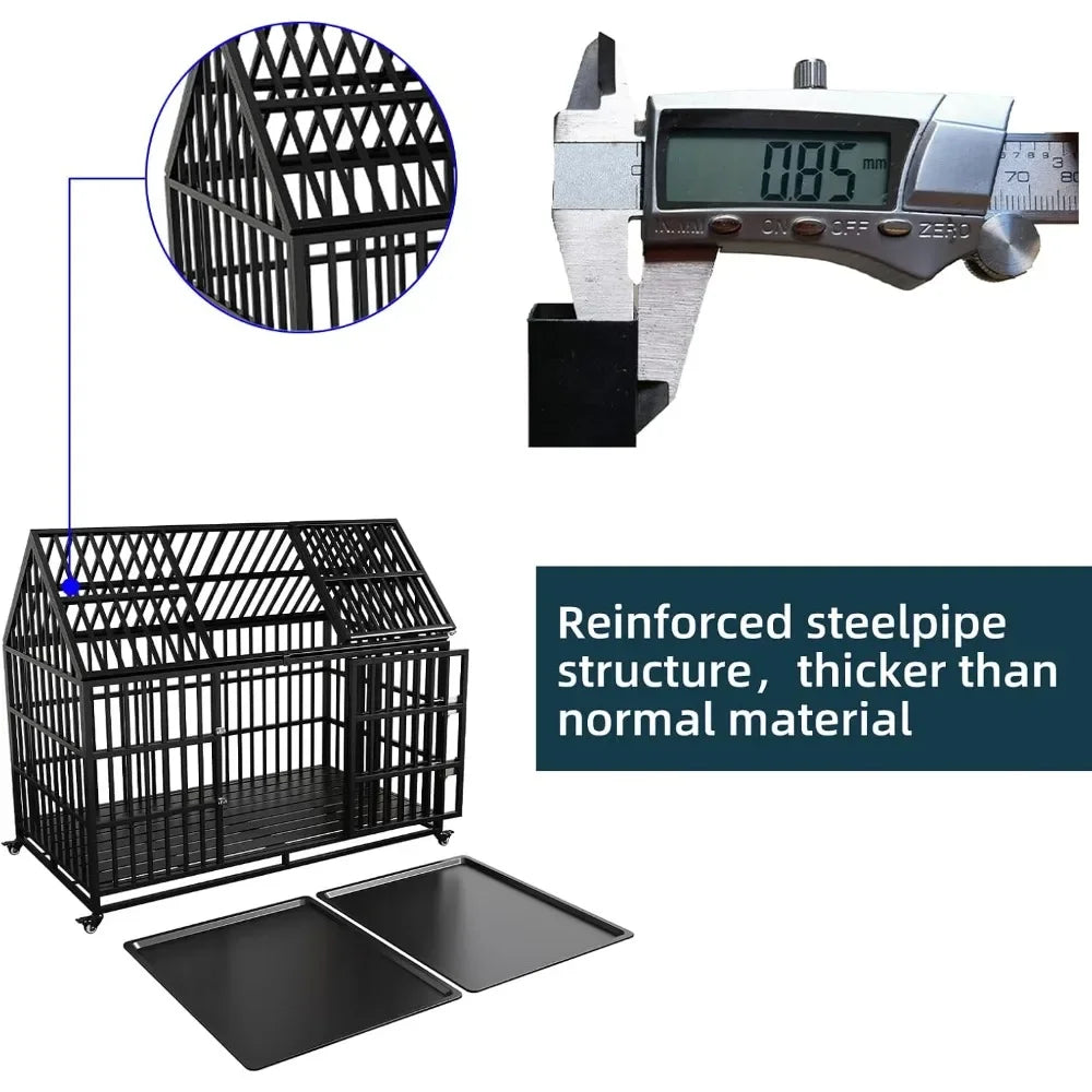 Heavy Duty Dog Crate With Lockable Wheels And Double Doors