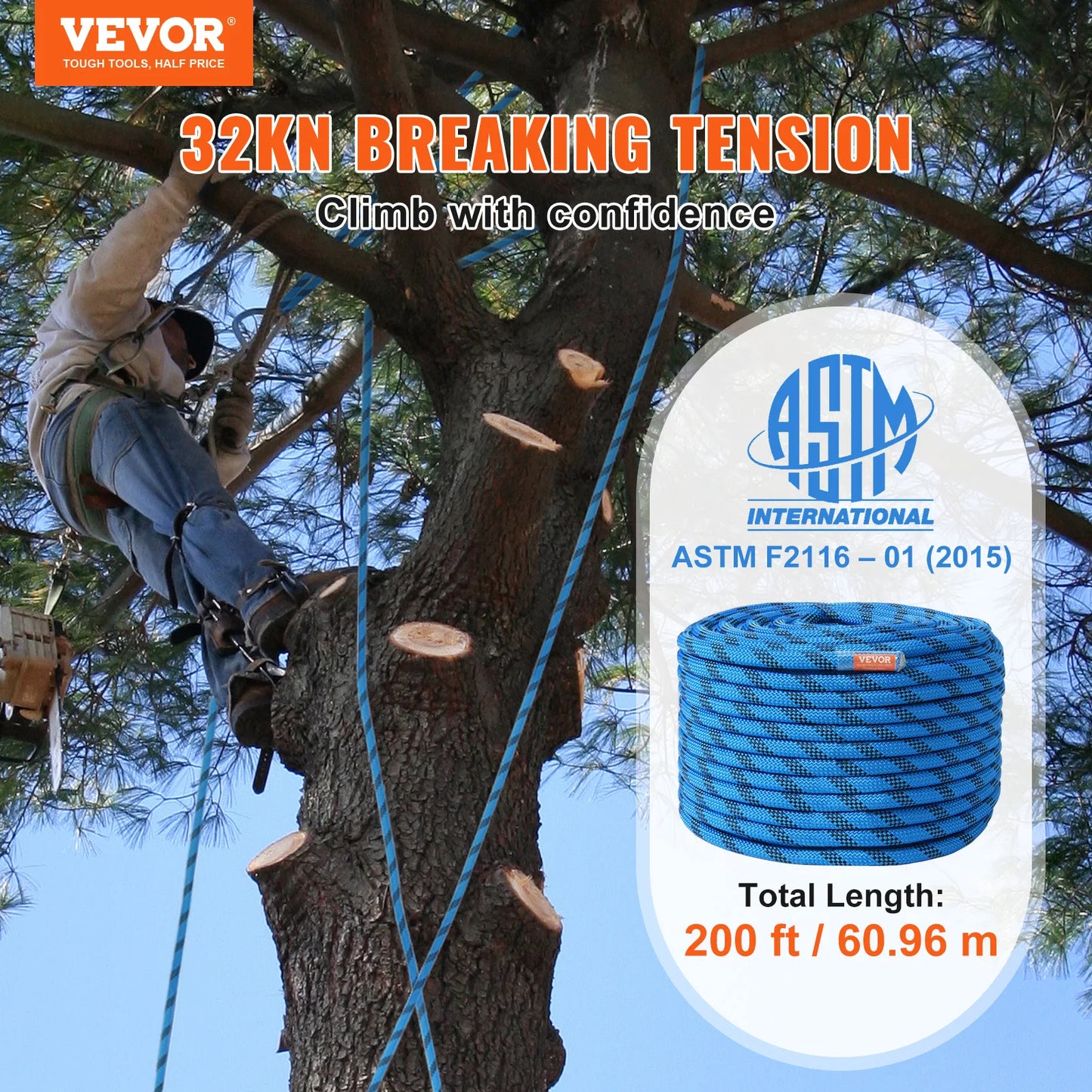 VEVOR Static Climbing Rope With 30 kN Breaking Strength