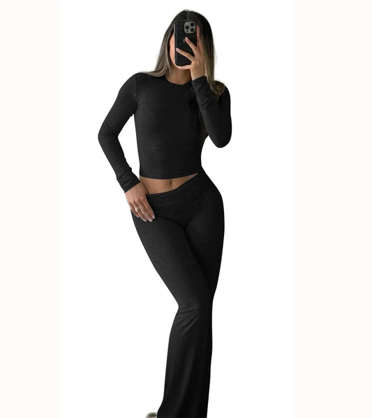 Women's Yoga Two Piece Set Long Sleeve Wide Leg Activewear