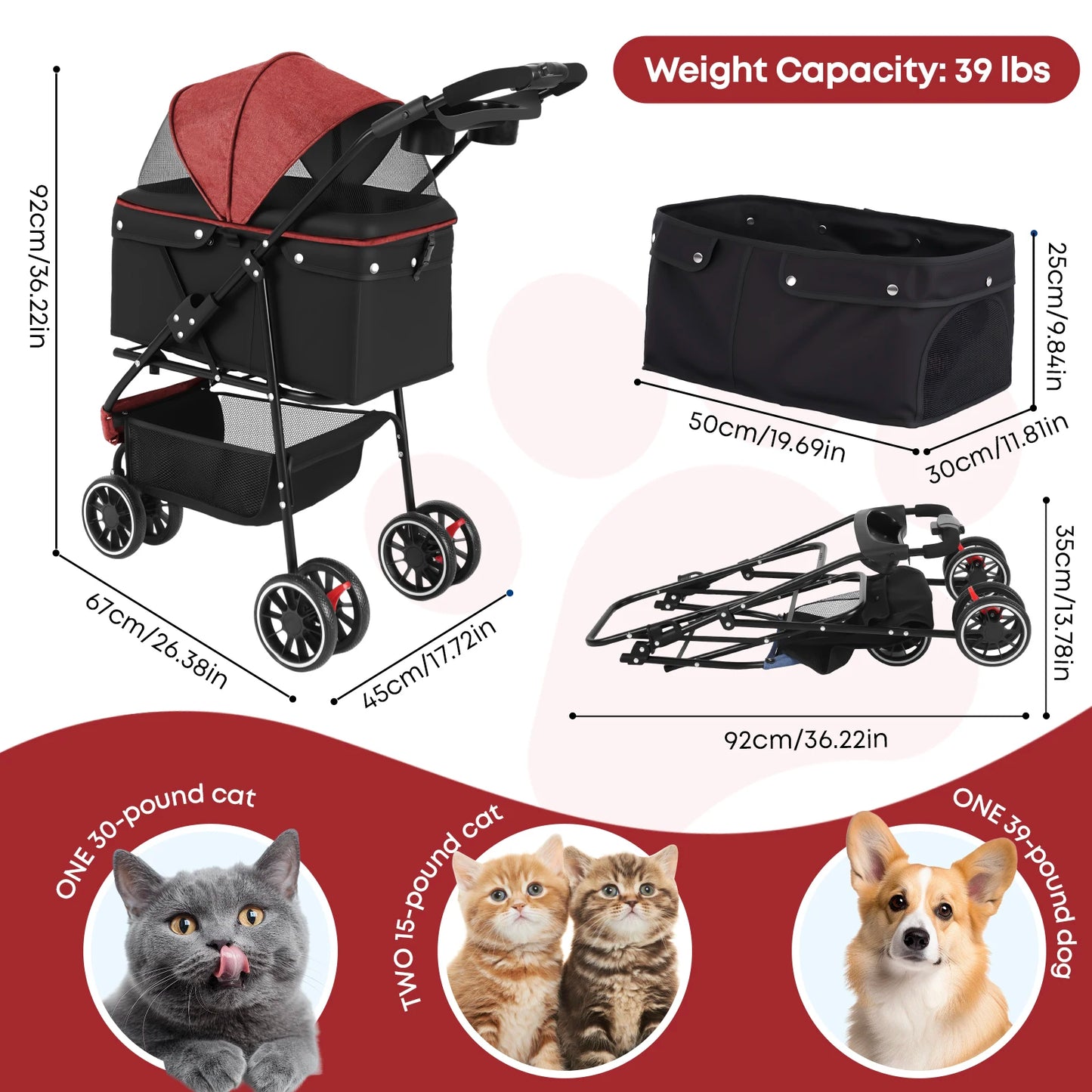 Chihuahua Portable Foldable Pet Stroller with Canopy and Storage Basket