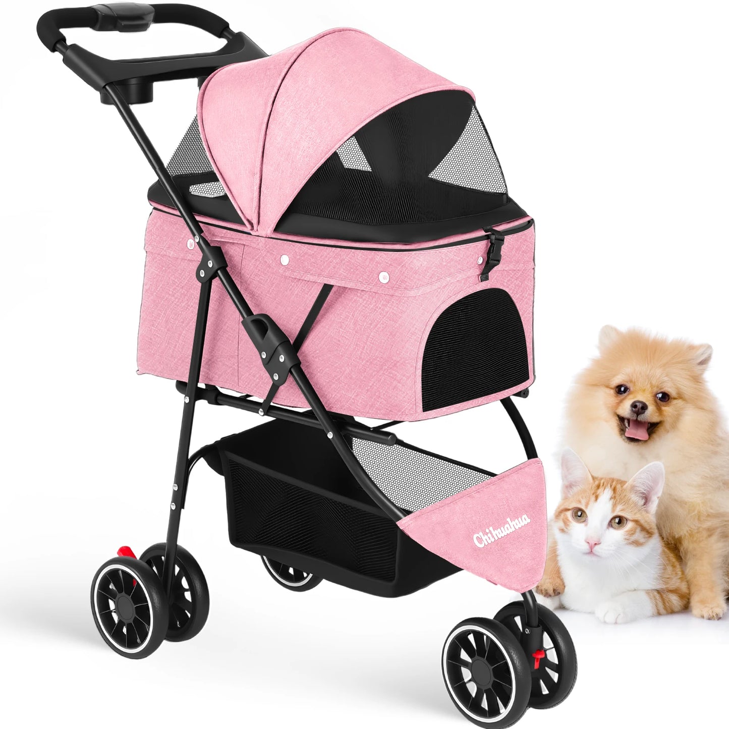 Chihuahua Portable Foldable Pet Stroller with Canopy and Storage Basket