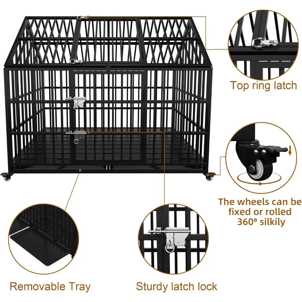 Heavy Duty Dog Crate With Lockable Wheels And Double Doors