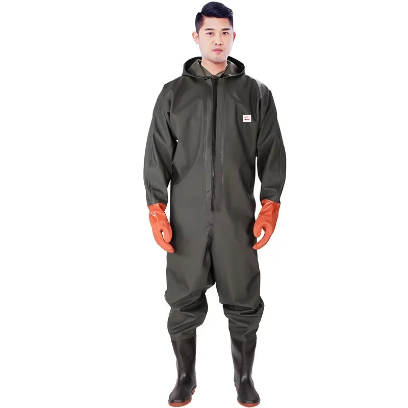 Waterproof Hooded Wader Set With Boots And Gloves For Men